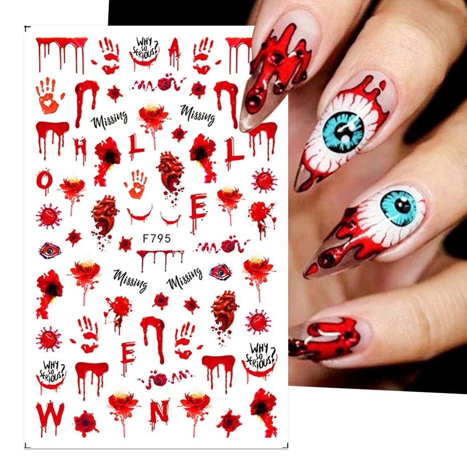 

3D Halloween Blood Fake Scab Tattoos Nails Stickers Bloody Wound Splatter Palm Nail Art Decal Creepy Manicure Accessories BEF796