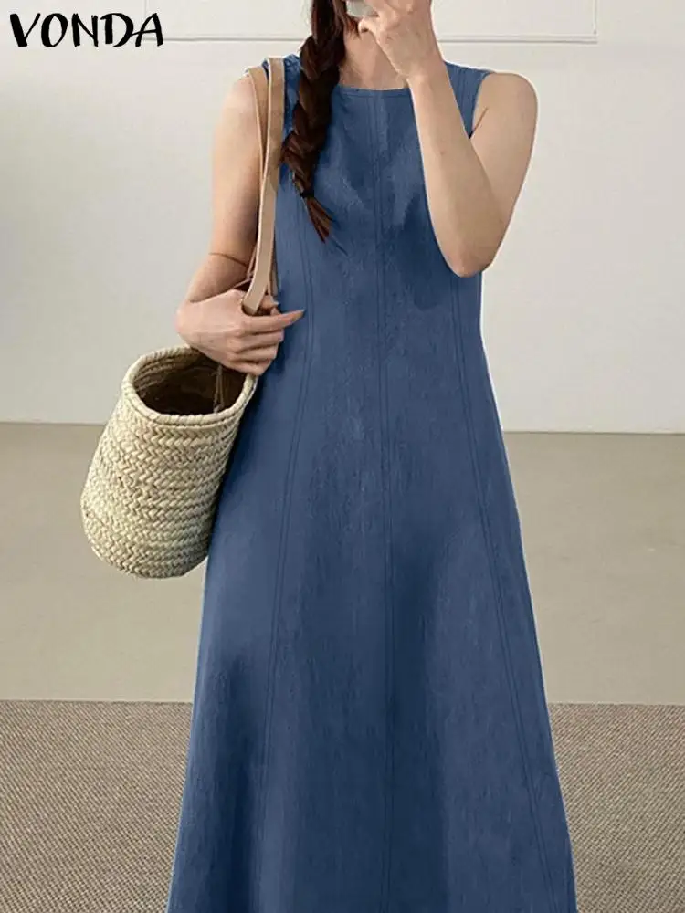 

Women Denim Dress 2023 VONDA Casual Round Neck Sleeveless Tank Mini Dress Sexy Party Sundress Loose Vestidos Oversize Robe Femme