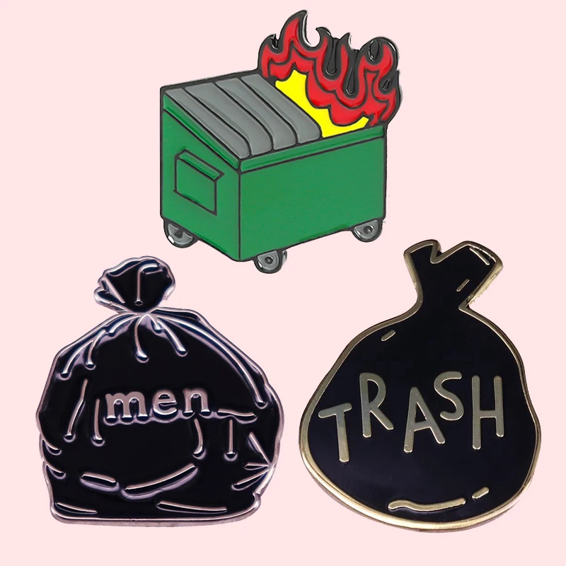 

Funny MEN TRASH Black Garbage Bag Enamel Brooch Pins Badge Lapel Pin Brooches Alloy Metal Fashion Jewelry Accessories