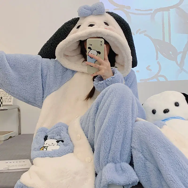 

Kawaii Sanrio Pachacco Winter Coral Velvet Pajamas Cartoon Cute Women's Robe Long Section Padded Thickened Flannel Homewear Suit