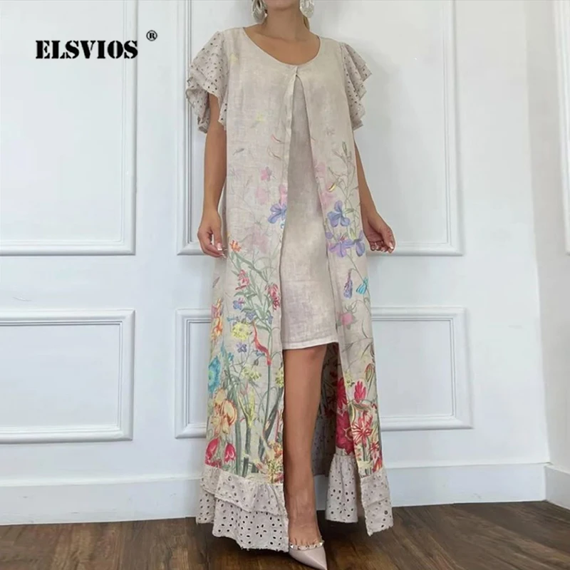 

Summer Fashion New Women Fake Two Piece Maxi Dress Printed Casual Short Sleeves Commute Elegant Women's Irregular Loose Dresses
