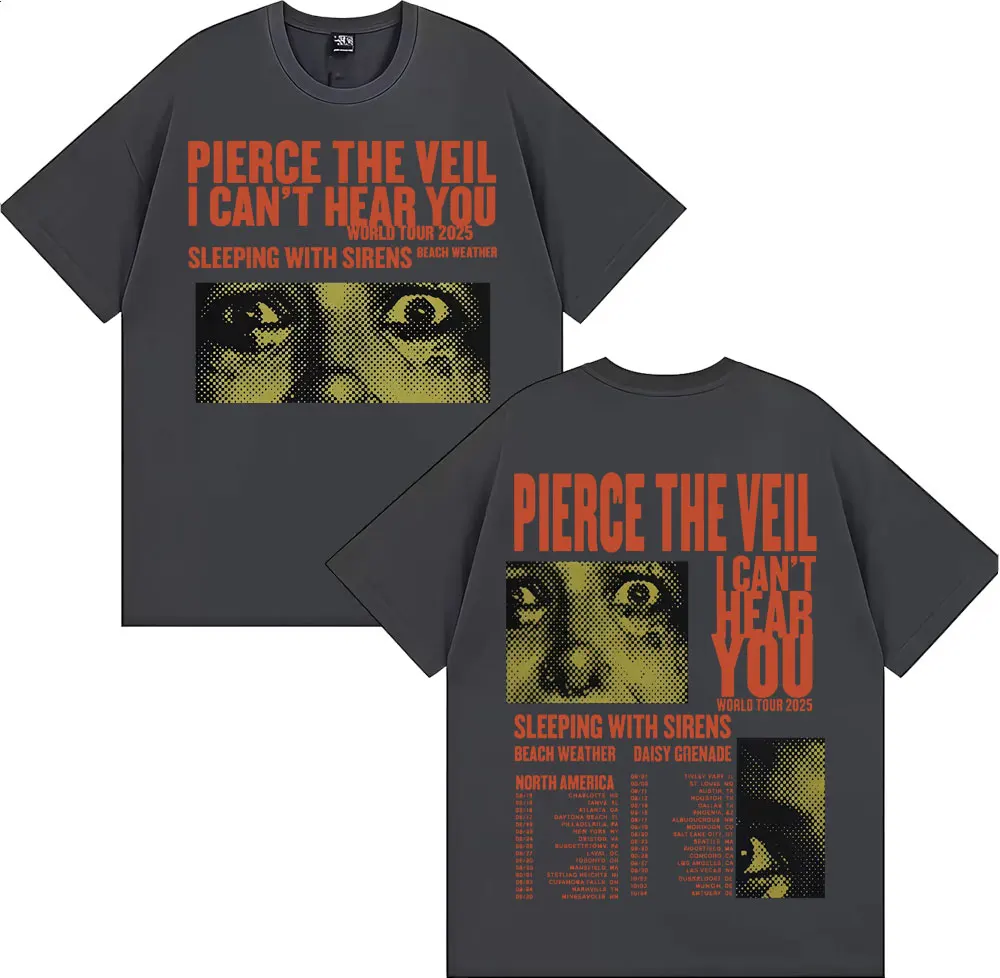 Фото Pierce The Veil I Can't Hear You Tour 2025 Мерч Футболка Мода Хип-Хоп Рок Музыка Футболки Мужчины Женщины Негабаритная Винтажная Футболка №3