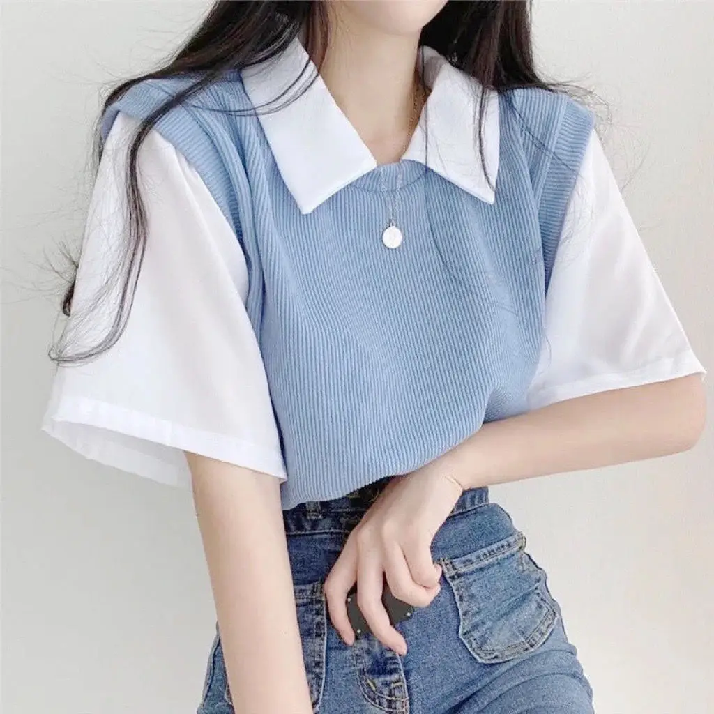 

Summer Contrast Color POLO Collar Fake Two-piece Short-sleeved T-shirt Women's Lazy Loose Casual T Shirt