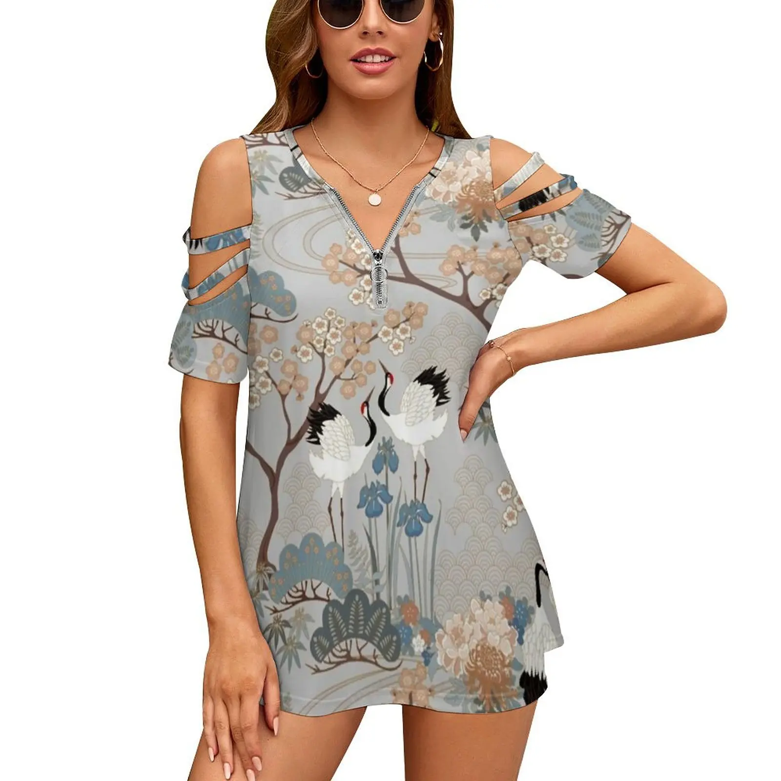 

Japanese Garden Gray Women Zipper Sexy Printed Vintage T Shirts Tops Full Print T-Shirt Japanese Garden Japanese Cranes Red