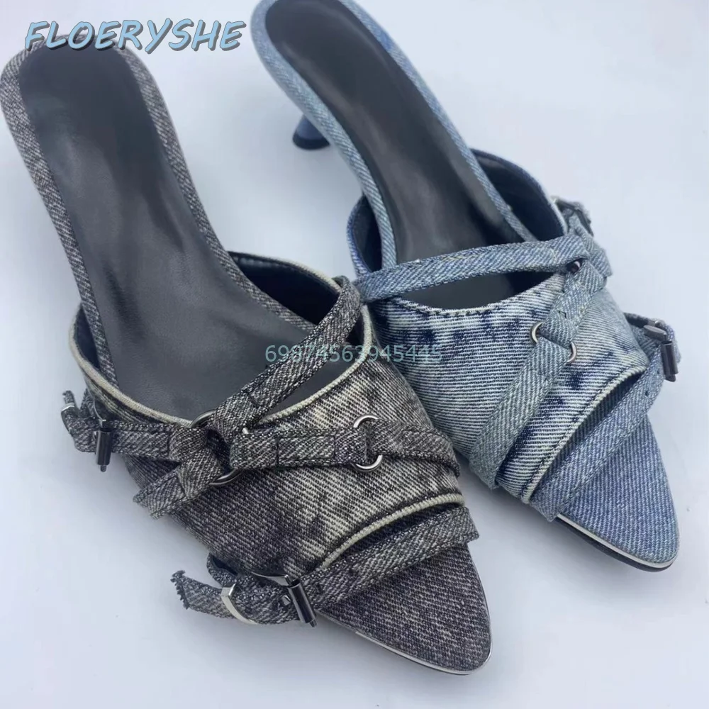 Женские ковбойские шлепанцы черные или синие с острым носком на тонком каблуке