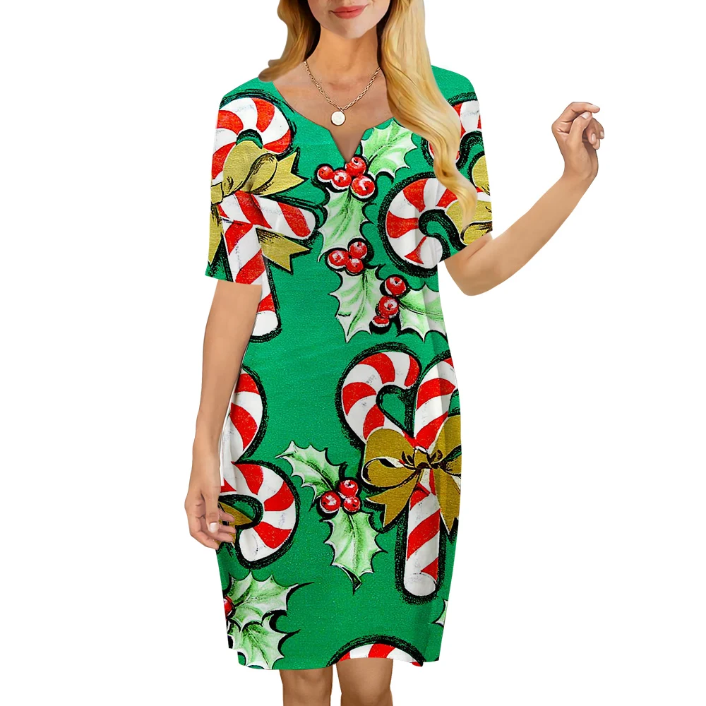 

CLOOCL Trendy Women Green Dress Christmas Candy Cane Pattern 3D Printed Casual V-Neck Short Sleeve Knee-length Dress Vestidos