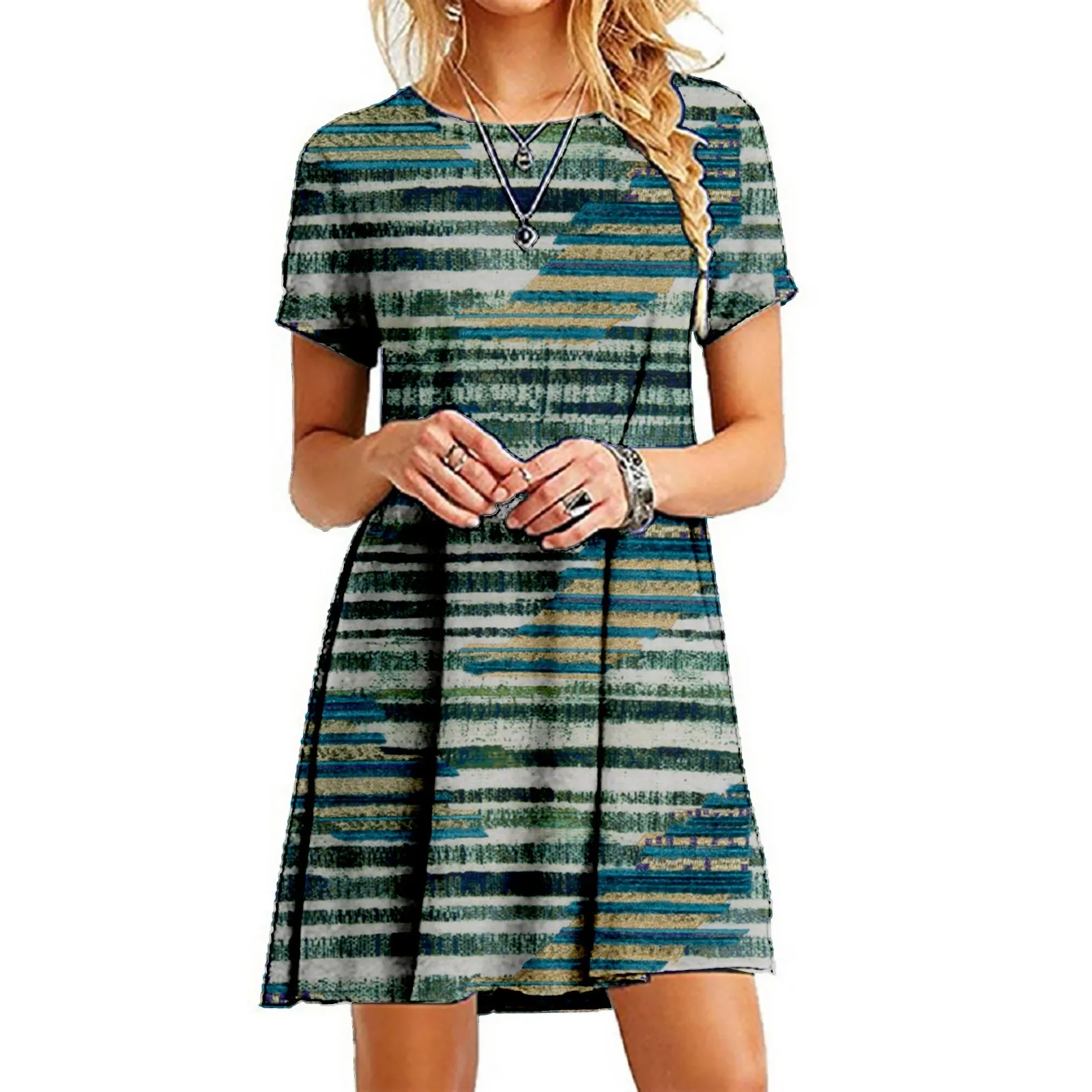 

Aline Rayon Dress Women's Printed Casual Round Neck Loose Fitting Short Sleeved Dress Linen Dress