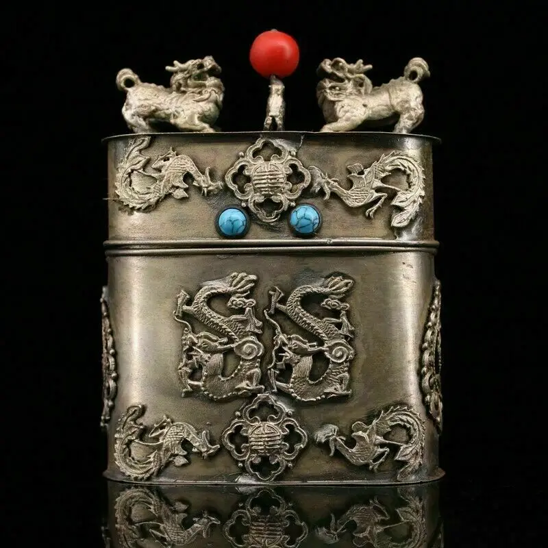 

Old Chinese tibet silver inlay jade handcarved dragon boxes