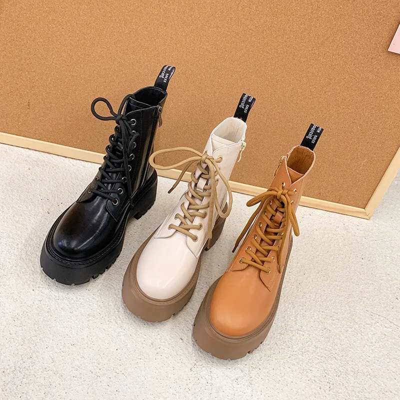 2022 New Autumn Winter Leather Women'S Boots Fashion Round Toe Zip Platform Shoes Ins Street Cross Tied Ankle Boots For Women