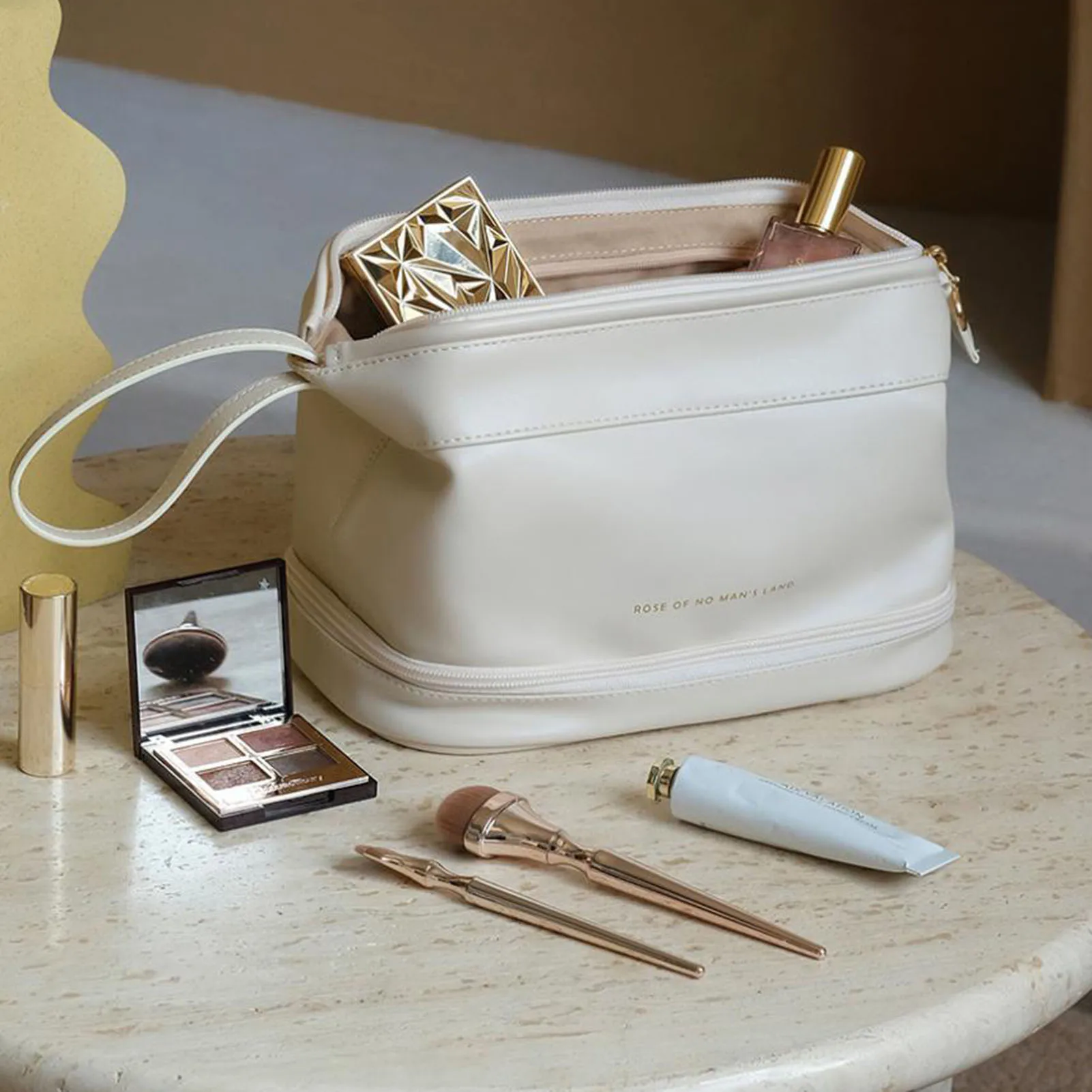 Large Capacity Travel Cosmetic Portable Lightweight Handy Slim Durable Compact  Bag Double Layer PU Leather Portable Toiletry