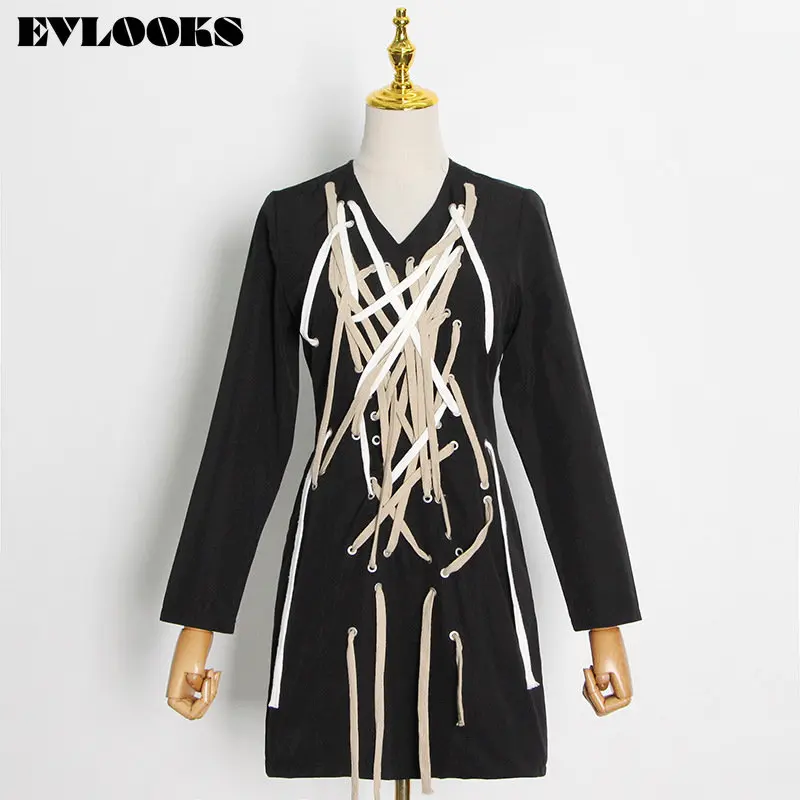 

EVLOOKS Women Black Woven Crossover Drawstring Tie Mini Dress New V-Neck Long Sleeve Loose Fit Fashion Tide Spring 2023 L279