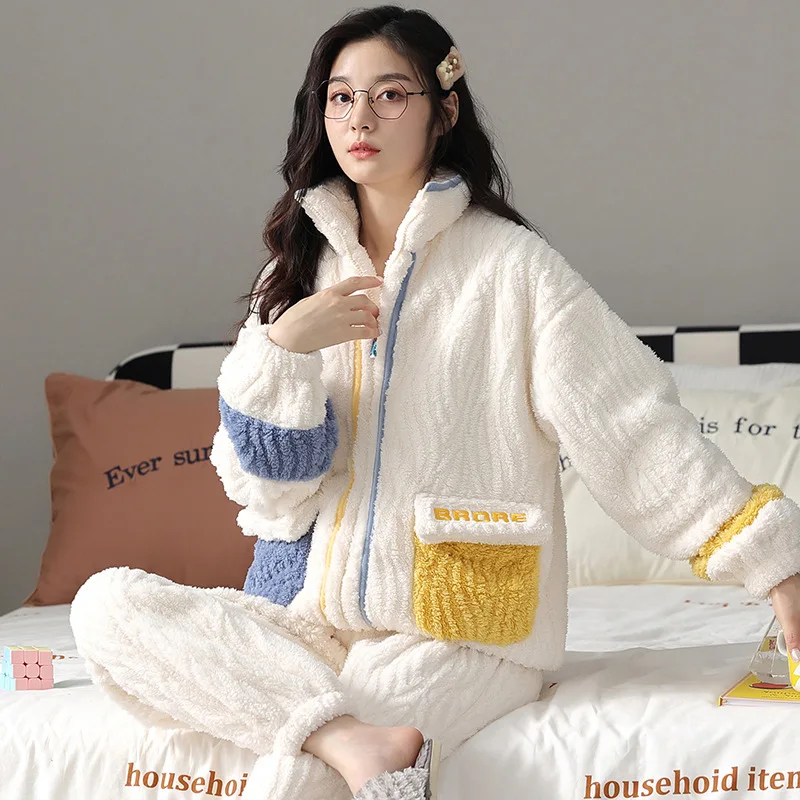 Yasuk Autumn Winter Women's Casual Lovely Sweet Girl Warm Soft Sleepwear Loose Pajamas With Pants  Velvet Simple Splicing Pocket