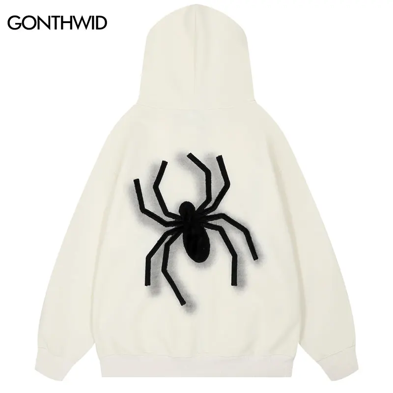 

Hip Hop Hoodie Coat Y2K Harajuku Embroidery Fluffy Spider Graphic Print Zipper Hooded Sweatshirt Jacket Men Fashion Casual Coats