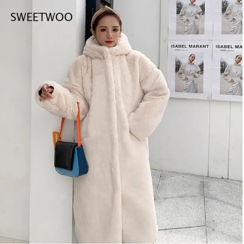 2022 Winter Hooded Women Faux Fur Coat Ladies Thick Warm Outwear Long Fur Jacket Casaco Feminino Inverno Tedy Contracted Slim
