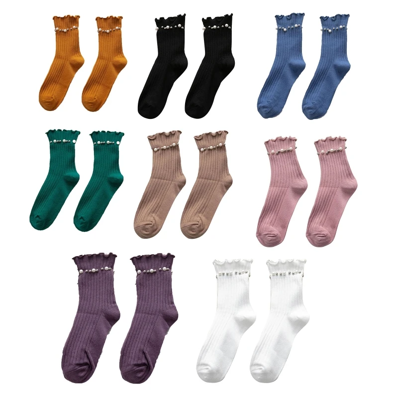 

Women Ribbed Cotton Crew Socks Japanese Style Imitation Pearls Beaded Sweet Frilly Ruffled Cuff Trim Solid Tube Hosiery