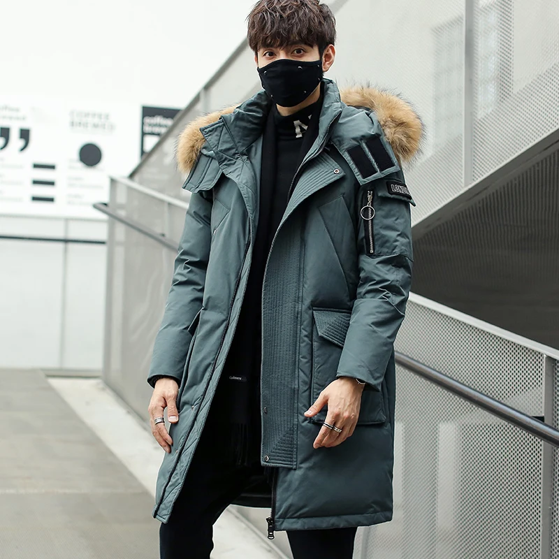 Waterproof Long Coat Men Winter Duck Down Jacket Faux Fur Hooded Thicken Overcoats Puffer Outerwear Male Big Pockets Windbreaker