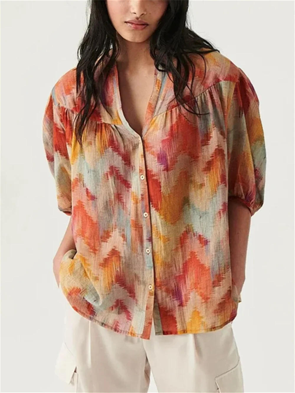 

Female Vintage Simple Blouse 2023 Summer New Loose V-Neck Single Breasted Puff Sleeve Ladies Sweet Shirt Casual Top