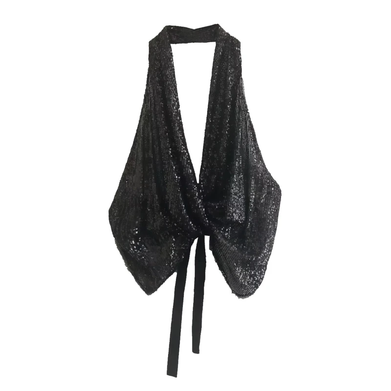 

Women Sexy Fashion Shiny Sequin Tank Tops Vintage Backless With Bow Tied Lace Up Vest Summer Elegant Lady Solid Color Party Tops
