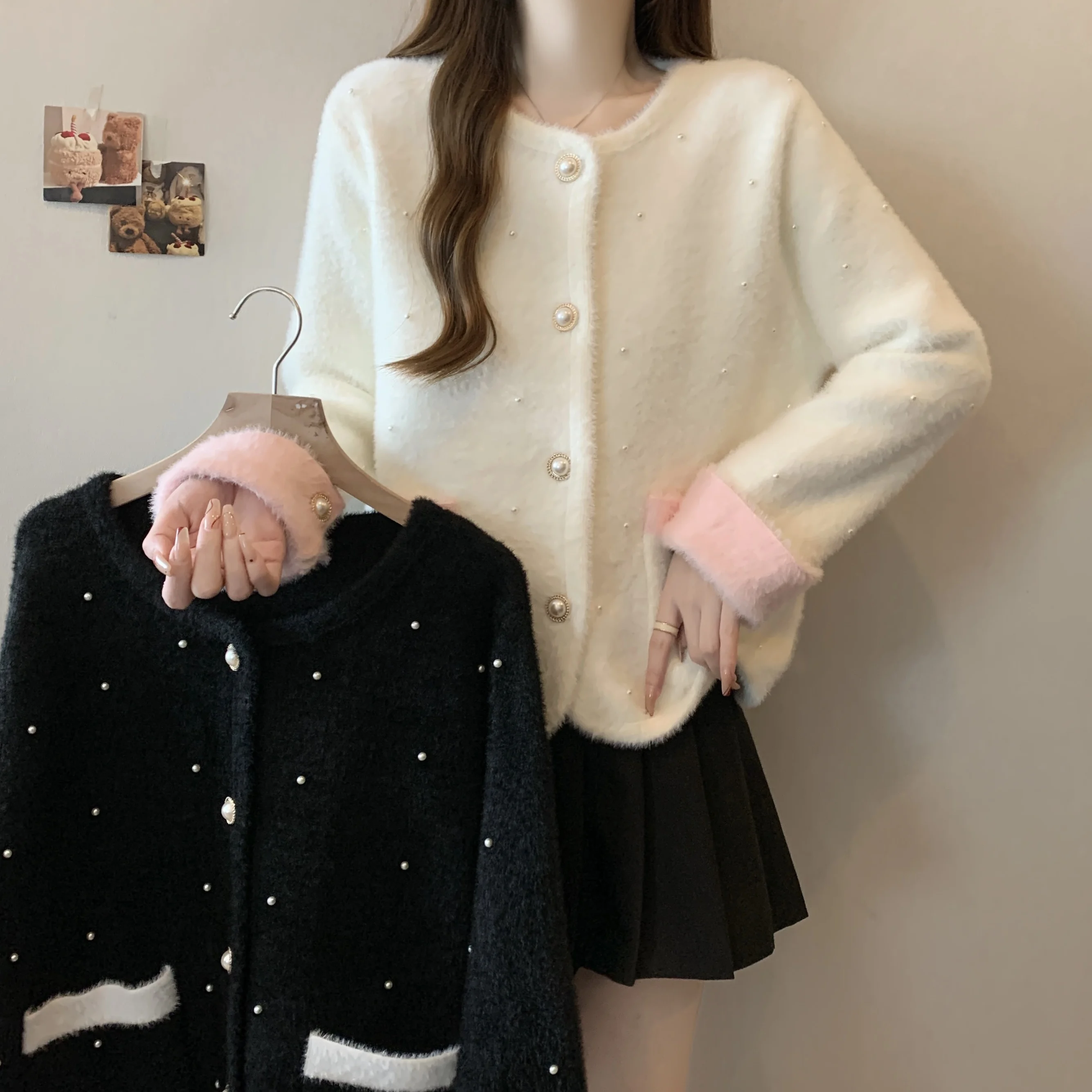 Изящный вязаный кардиган с жемчужным дизайном для женщин новинка 2024 осень