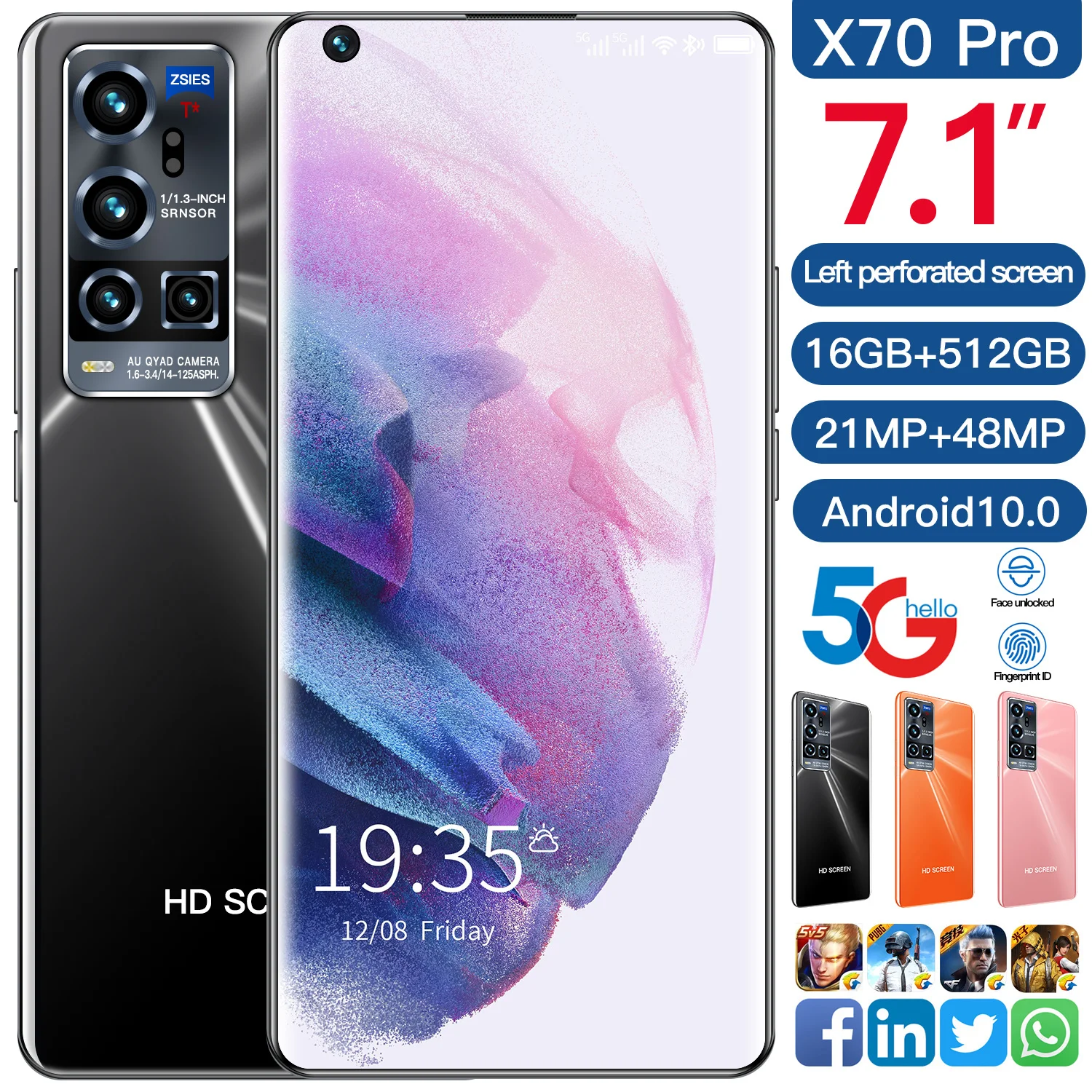 

2021 7.1inch X70 Pro Smartphone 5G 16GB+512GB 5600mAh Telefon 48MP Camera Unlocked Android 10.0 MTK 6799 Deca Core Mobile Phones