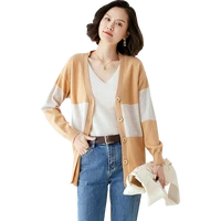2022 spring autumn new womens cardigan three color loose knitted korean version color blocking long sleeved 100 wool sweater