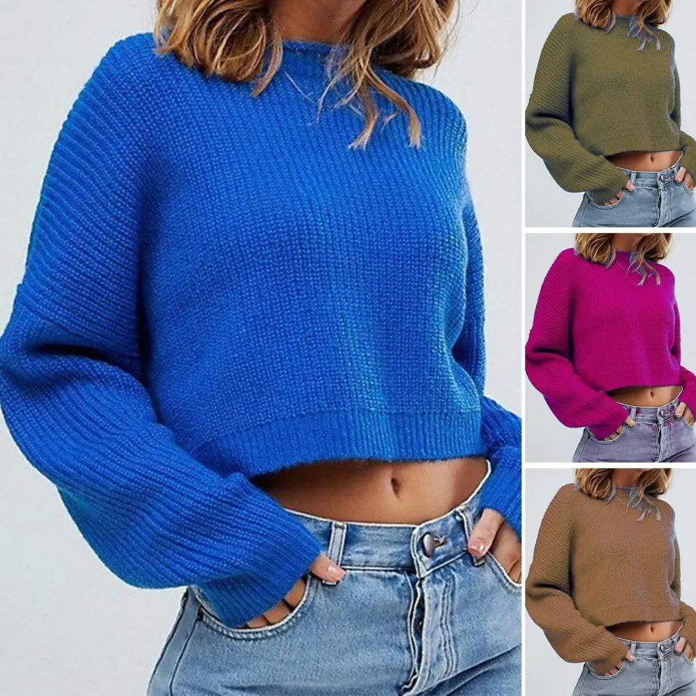 

Knitted Pullover O-Neck Long Sleeves Ribbed Trim Women Knitwear Autumn Winter Solid Color Cropped Sweater Female Clothing свитер