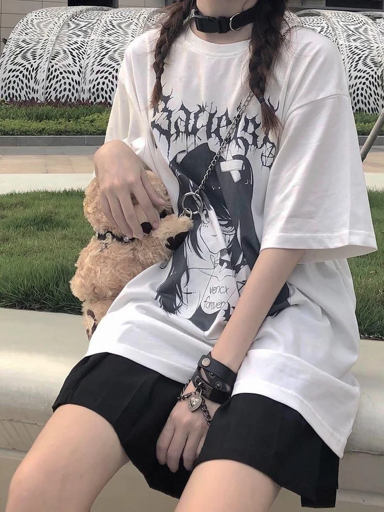Deeptown Japanese Two-dimensional Anime Girl T-shirt Harajuku Graphic Tees Shirt Women Cartoon Print Summer Short Sleeve Korean