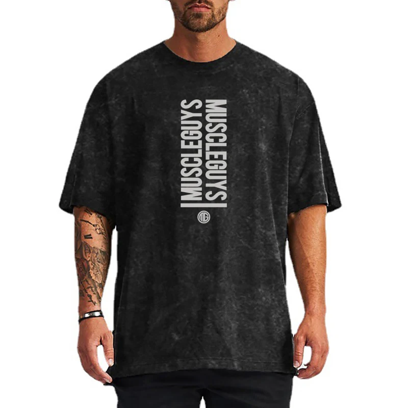 

Muscleguys Brand Vintage Washed Dropped Shoulder Oversized Short Sleeve T-shirt Men Summer Cotton Gym Fitness Bodybuilding Shirt
