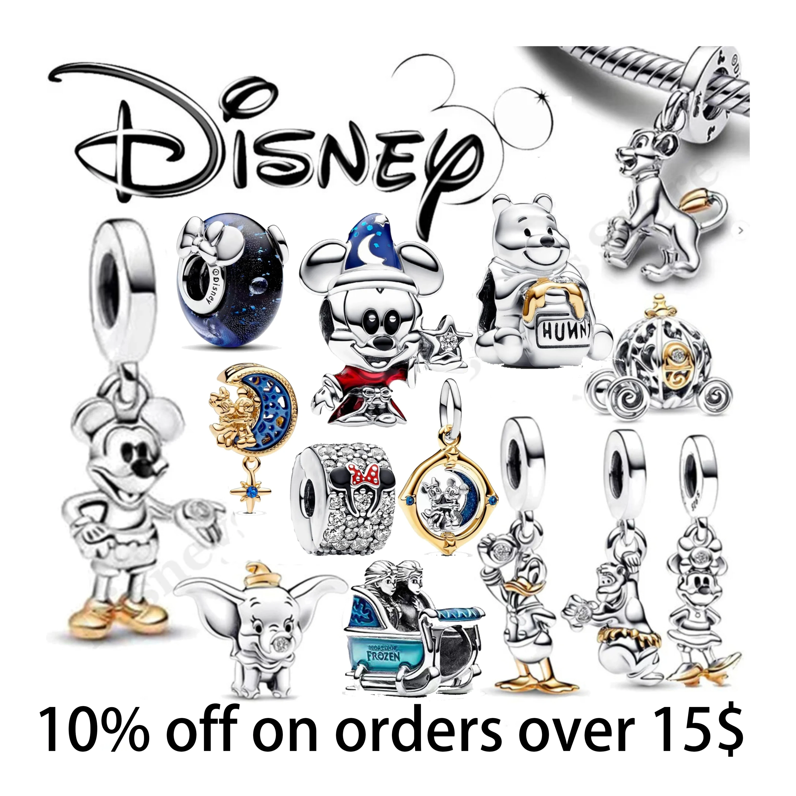 925Silver Jewelry Aoger Disney 100 Anniversary Dumbo Sorcerer Apprentice Mickey Minnie Charm Fit Pandora Bracelet Christmas Gift