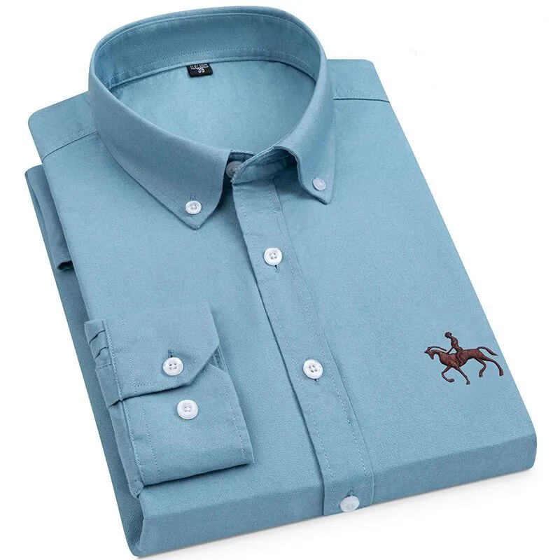 2022 100%Cotton High Quality Oxford Men Shirt White Long Sleeve Striped Plaid Embroidery Regular Fit Soft Thick Comfortable Male