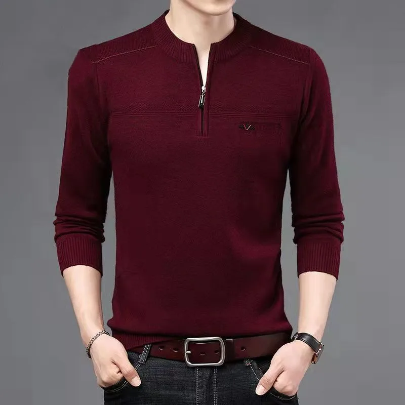 Зимний плотный теплый шерстяной свитер среднего возраста на молнии с воротником