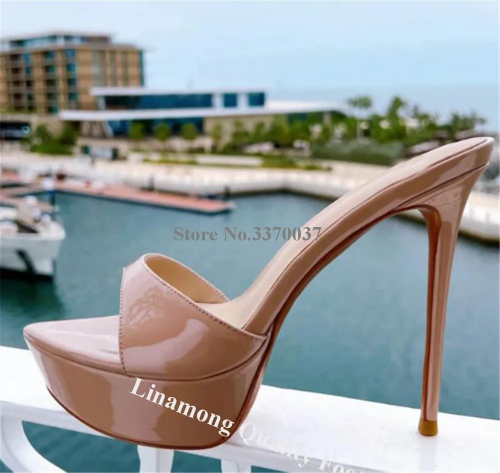 Linamong Gold Blue Snake Leather Platform Thin Heel Slippers Newest Slip-on Pointed Open Toe Stiletto Heel Sandals Party Heels