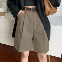 flectit bermuda shorts women black front pleats high waist cotton twill shorts summer ladies casual chic outfit