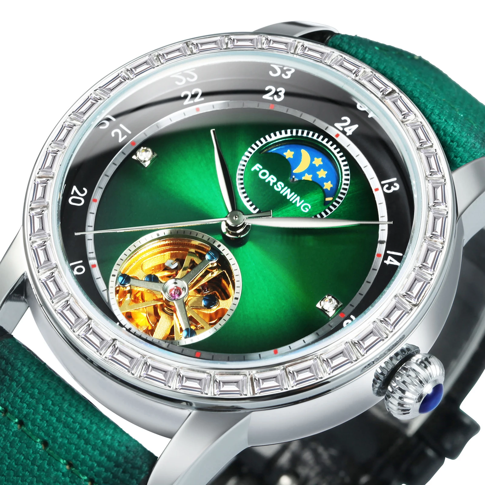 

Luxury Moon Phase Mechanical Watches Green Iced Out Dial Tourbillon Skeleton Automatic Watch Men Fashion Leather Strap Forsining