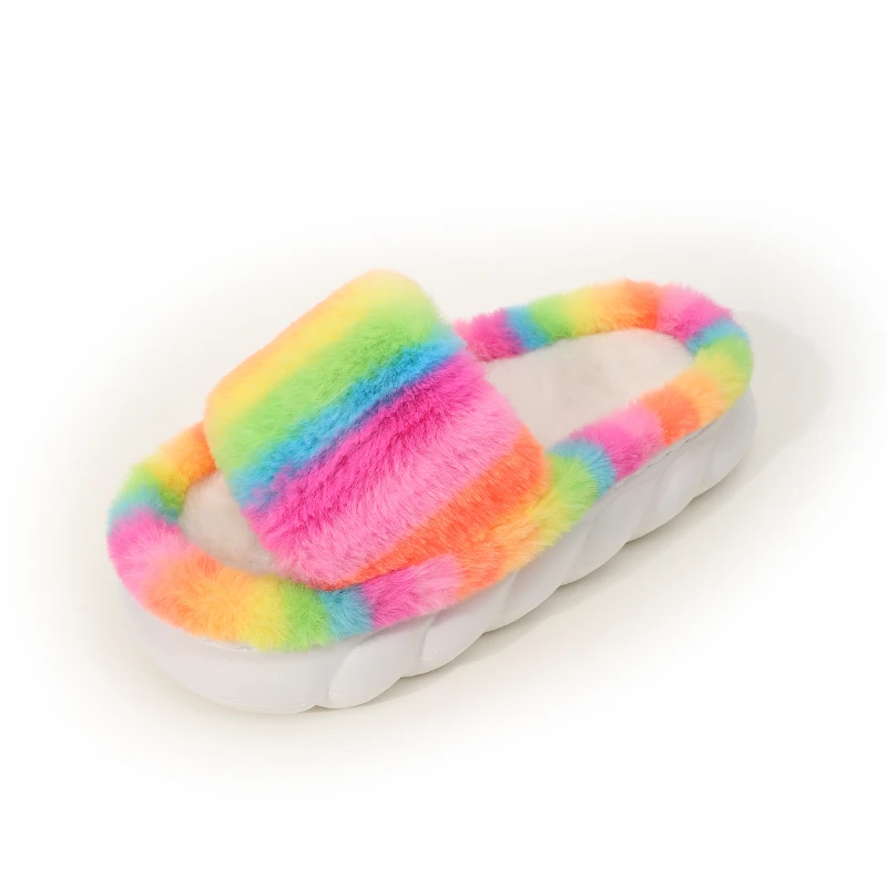 

Plush Warm Women Slippers Autumn Rainbow Color Platform Slippers Open Toe Non-slip Indoor Household Comfortable Women's Shoes