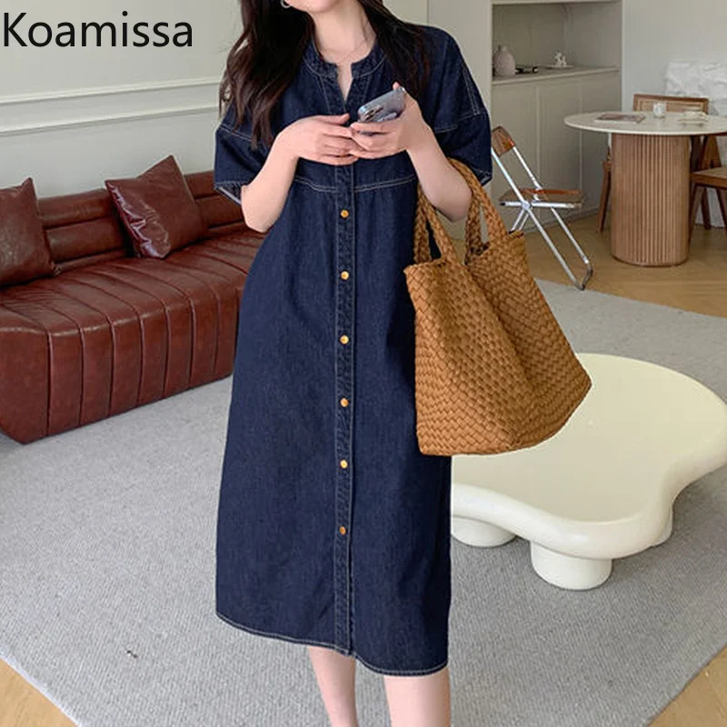 

Koamissa Vintage Women Midi Jeans Dress Short Sleeve Single Breasted Loose Causal Denim Dresses Female Korean Chic Summer Robe