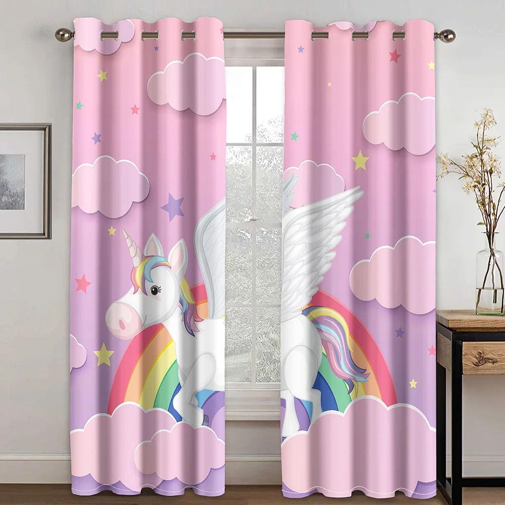 

Cartoon Cute Unicorn Windows Curtains for Living Room Child Bedroom Window Treatment Blinds Kitchen Curtains 2 Panels