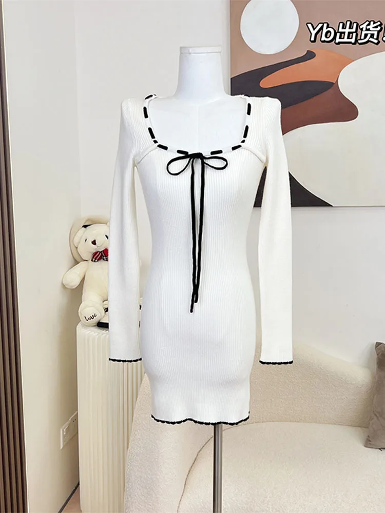 

Square Collar Tight Fitting Women Simple Mini Dress 2022 Autumn Tie Up Fake Two Pieces Patchwork Frocks Female Vintage Classic