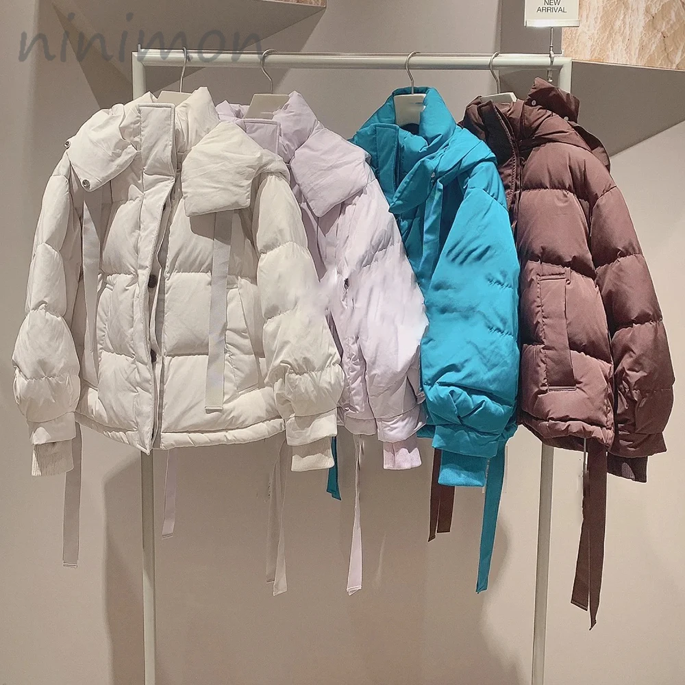 

Зимняя утепленная куртка NINIMON с высоким воротником, модная однотонная женская ветрозащитная верхняя одежда, теплые короткие пальто, повседневные топы
