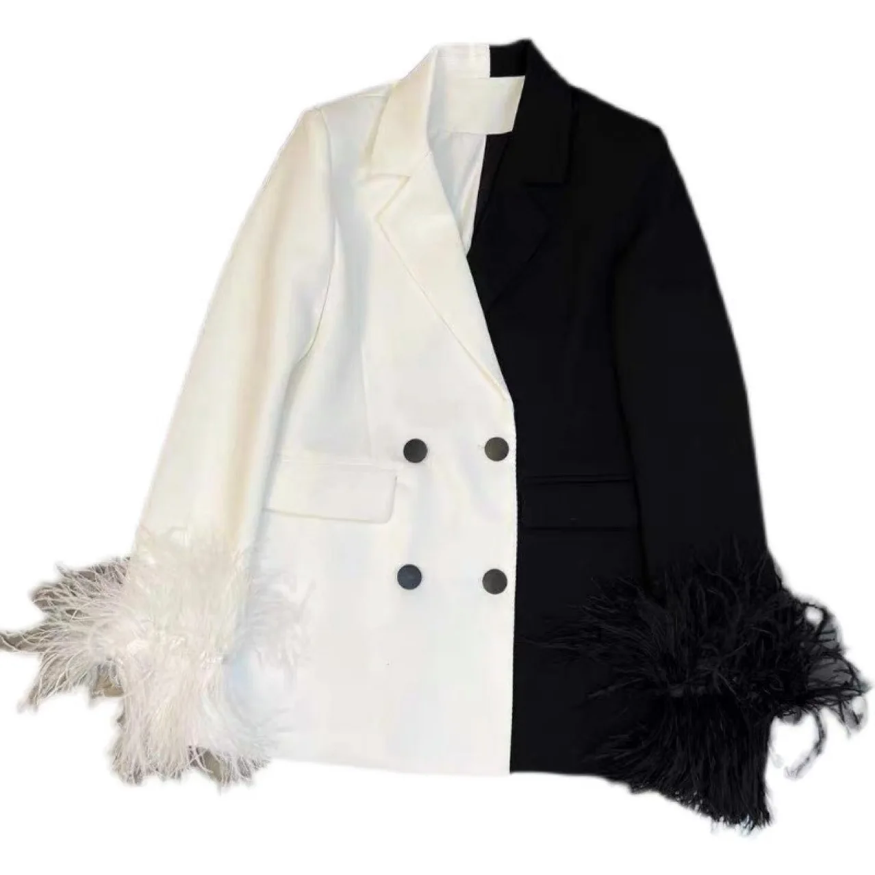 Женский пиджак из страусиного меха Хепберн черно-белый с длинным рукавом