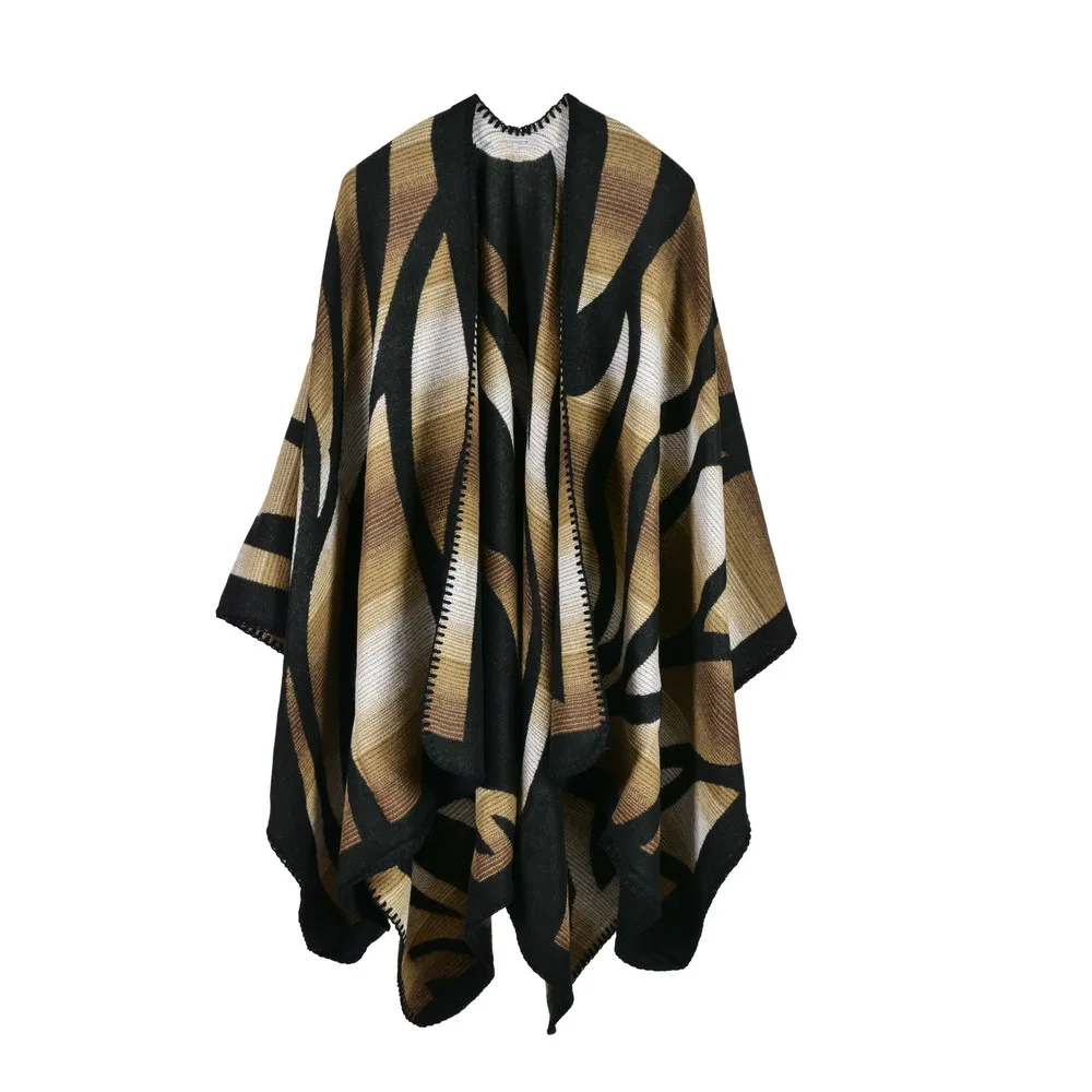 

Thick Oversize Deversible Women Winter Camouflage Knitted Cashmere Poncho Capes Shawl Cardigans Sweater Coat Autumn 2021