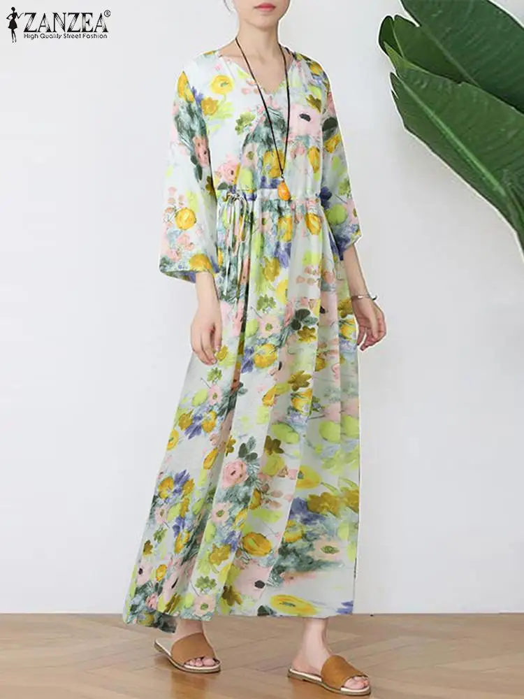 

Fashion Women V Neck 3/4 Sleeve Vestidos ZANZEA Bohemian Flower Printed Long Dresses Holiday 2023 Waisted Drawstring Maxi Robes