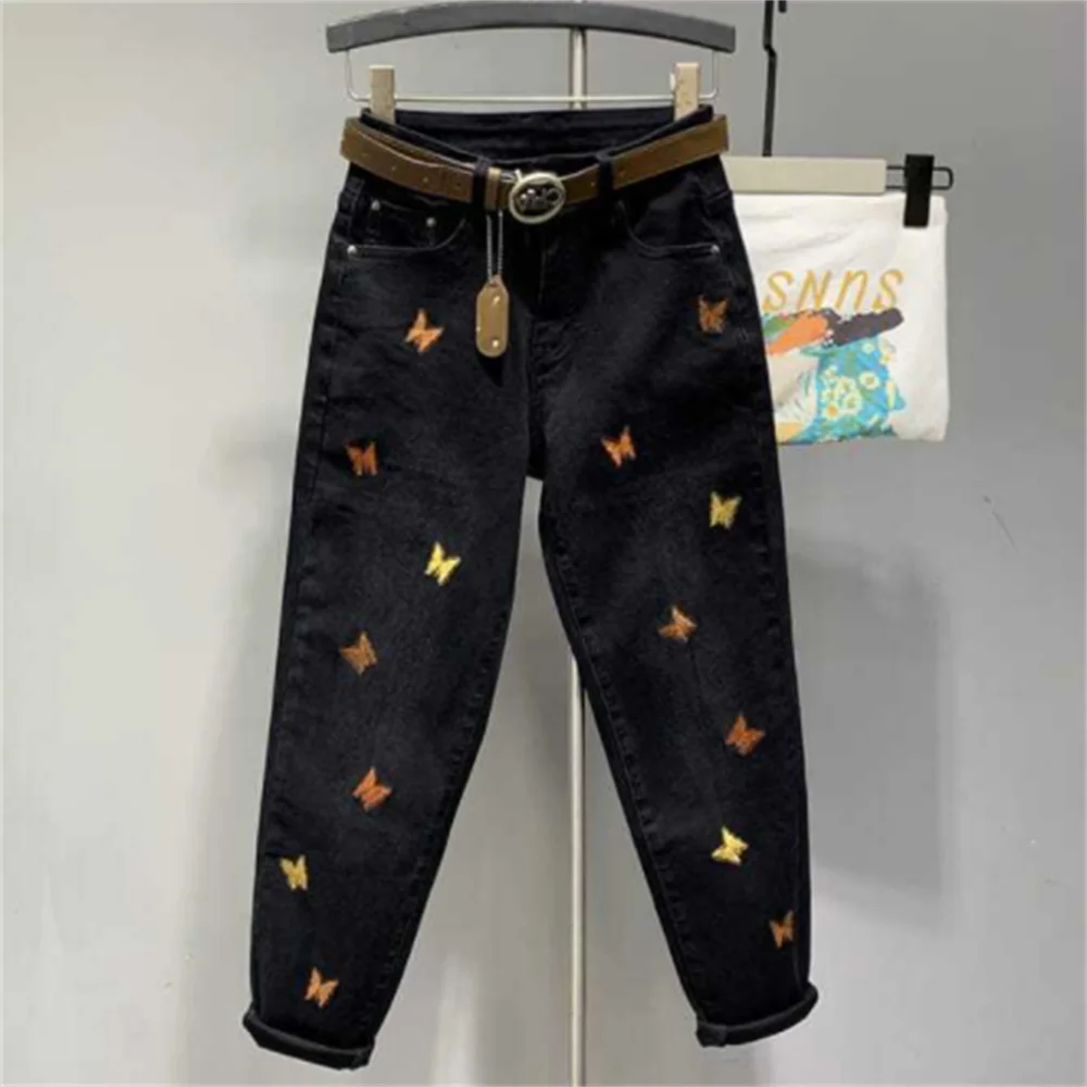2023 new butterfly embroidered denim jeans loose high-waist stretch Harlan trousers women