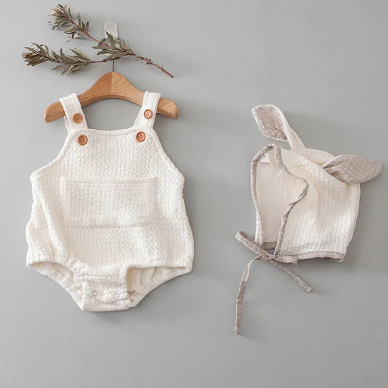 

2023 Korean Spring Autumn Infant Girl Romper Cotton Waffle Patched Pocket Button Sling Jumpsuit Solid Lace Baby Girls Clothes