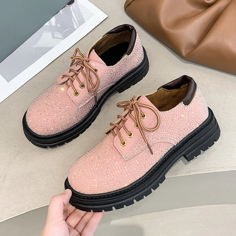 

Genuine Pink Rhinestones Women Shoes Fashion Thick Bottom Square Heel Footwear College Style Lolita Ladies Shoes Leather Shoes