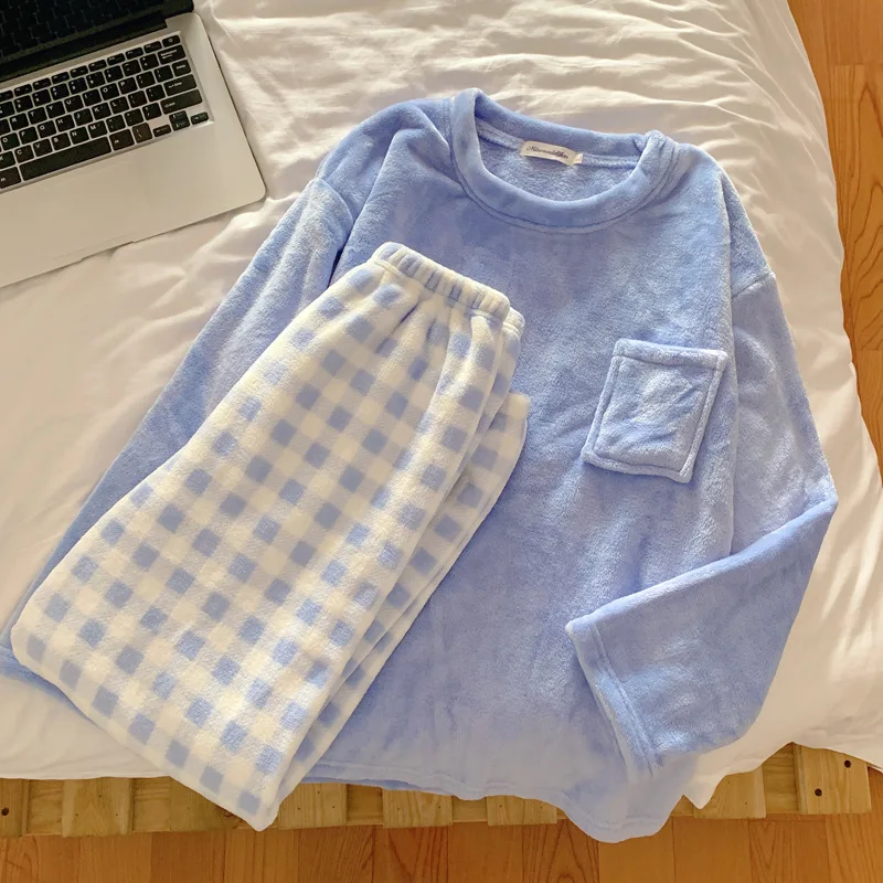 Free Shipping Winter Fashion Women's Casual Lovely Solid Warm Soft Sleepwear Nightgow Loose Pajamas With Pants Flannel Pullover