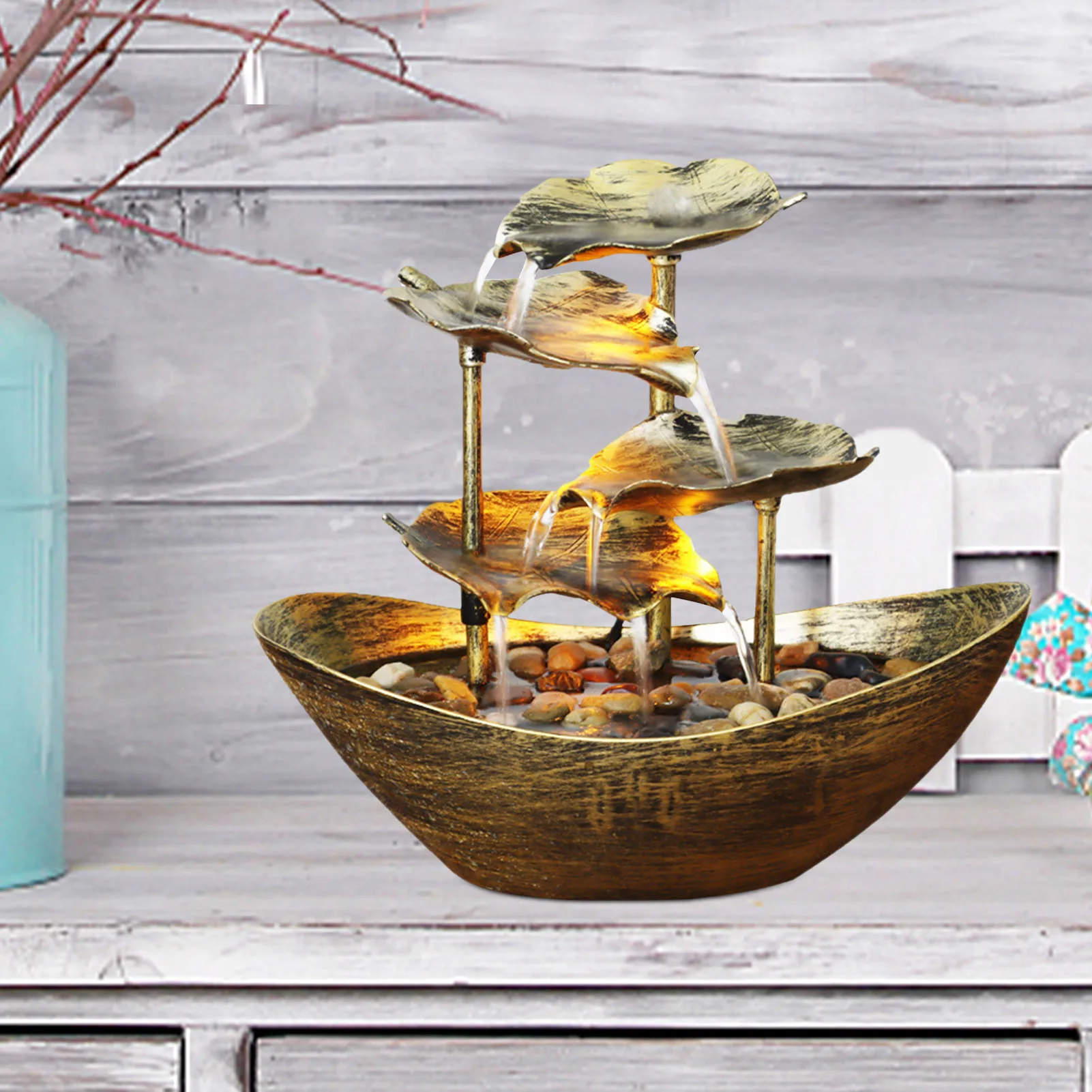 Настольный водяной фонтан 4-ярусный небольшой USB-фонтан с листьями лотоса