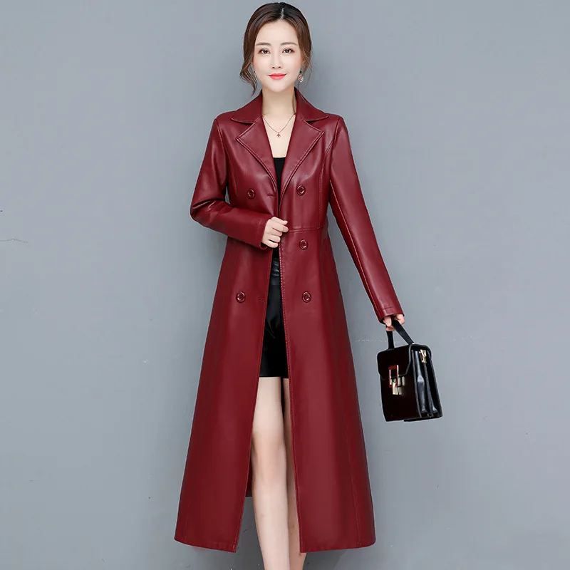 Women's Mid-length Over-the-knee PU Leather Windbreaker Autumn and Winter New Sheepskin Coat