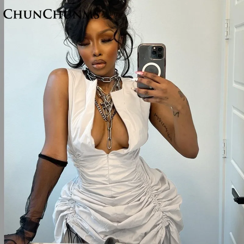 

Princess Peated Drawstring V-neck White Dress For Women Personality Street Casual Stretch Lace Up Mini Dresses Fluffly Robe 2023