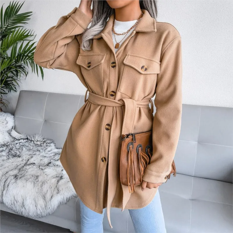 

Women's Clothing 2023 Autumn And Winter Single Breasted Woolen Coat Solid Khaki Turn Down Collar Lace-up Fake Pocket For Ladies